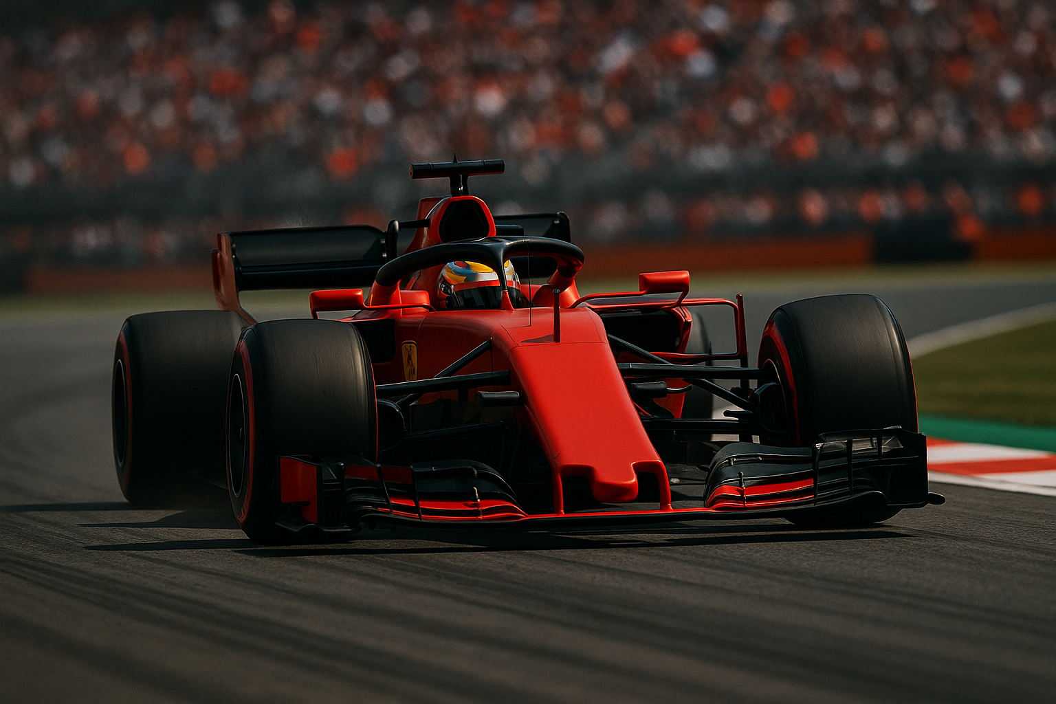 A blazing red Formula 1 machine thunders down the track, while thousands of roaring fans rise in electrifying unison.