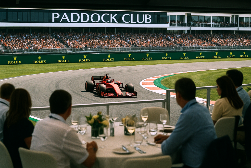 A luxurious view from the Paddock Club at a Formula 1 race, showing spectators seated at an elegantly set table with drinks, overlooking a red Formula 1 car speeding around a track lined with "ROLEX" branding, under a clear sky with a grandstand full of fans in the background.