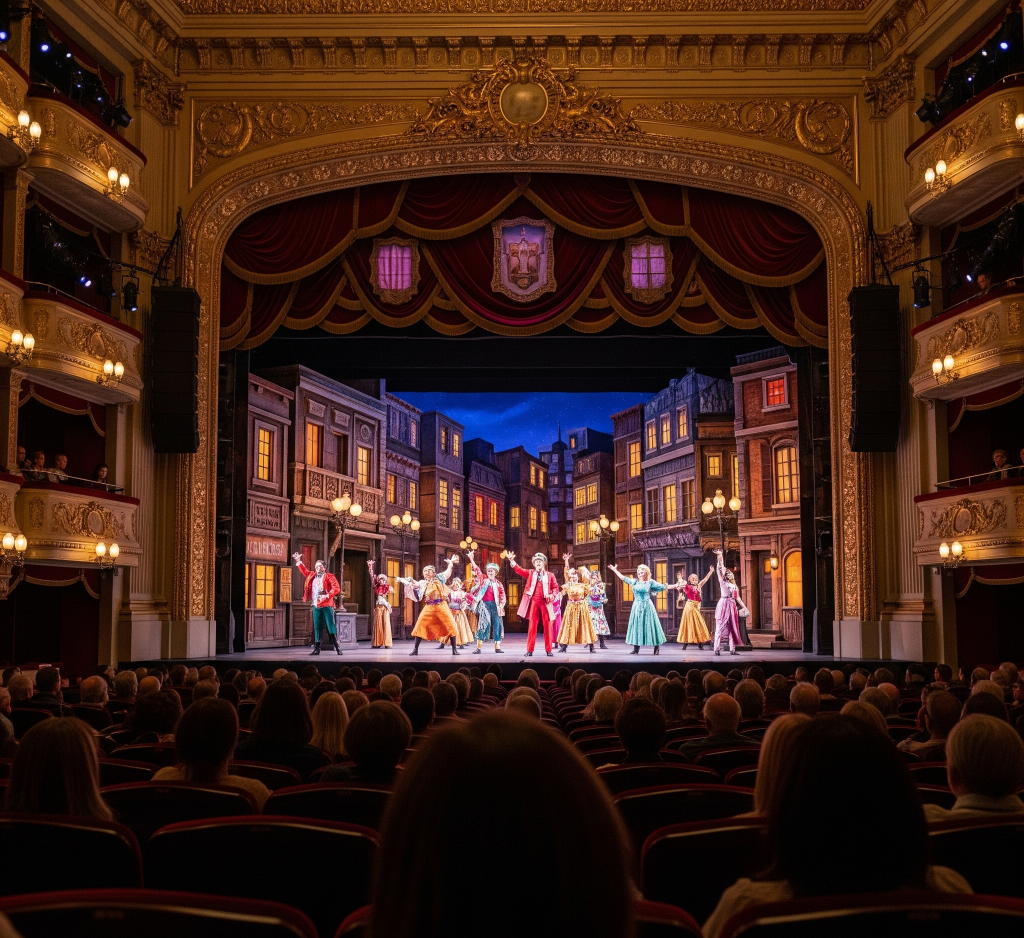 A wide shot from the audience's perspective captures a vibrant musical play in full swing on stage at a classical, crowded theater, offering a glimpse into the magic of exclusive event access.