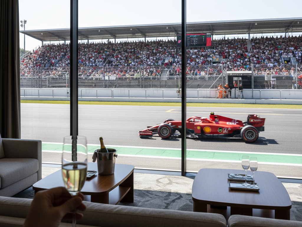 A first-person view from a Trackside Hospitality Suite, with a hand holding a glass of champagne, overlooking a thrilling Formula 1 race. A red F1 car speeds past on the track, while a grandstand packed with spectators is visible in the background under a bright sky, emphasizing the luxury and excitement of the experience.