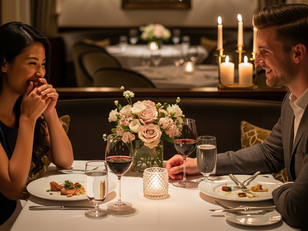 The woman is giggling with a hand covering her mouth, and the man is looking at her passionately, all within the cozy fine dining setting.