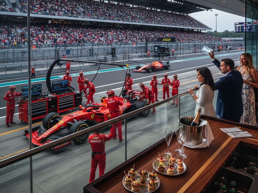 An exclusive view of a Formula 1 pit lane where a Ferrari car is serviced, with another F1 car on the track. Guests enjoy premium hospitality with champagne and canapés, witnessing the Grand Prix from a privileged vantage point.