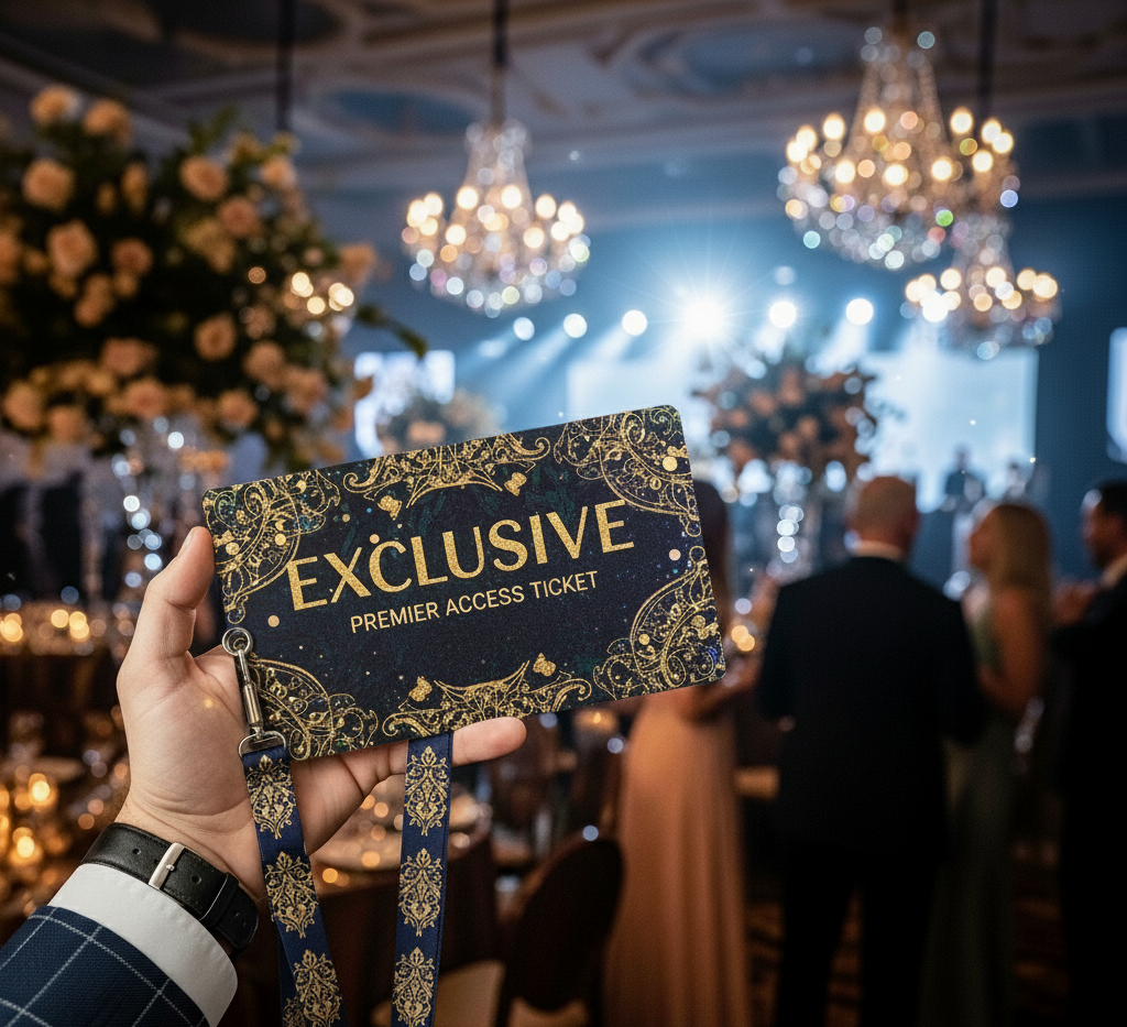 A close-up of a hand holding a dazzling "EXCLUSIVE PREMIER ACCESS TICKET" on a sophisticated lanyard, with a blurred background of a luxurious ballroom event featuring chandeliers and elegantly dressed attendees, representing exclusive event access.