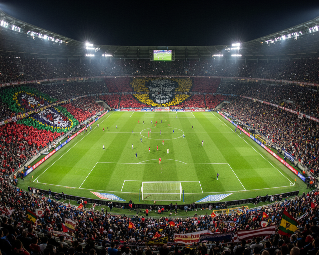 An impressive aerial view of a packed soccer stadium at night, with a vibrant pitch where players are in action, surrounded by thousands of cheering fans creating colorful mosaic patterns in the stands, showcasing the lively atmosphere often experienced through football hospitality.