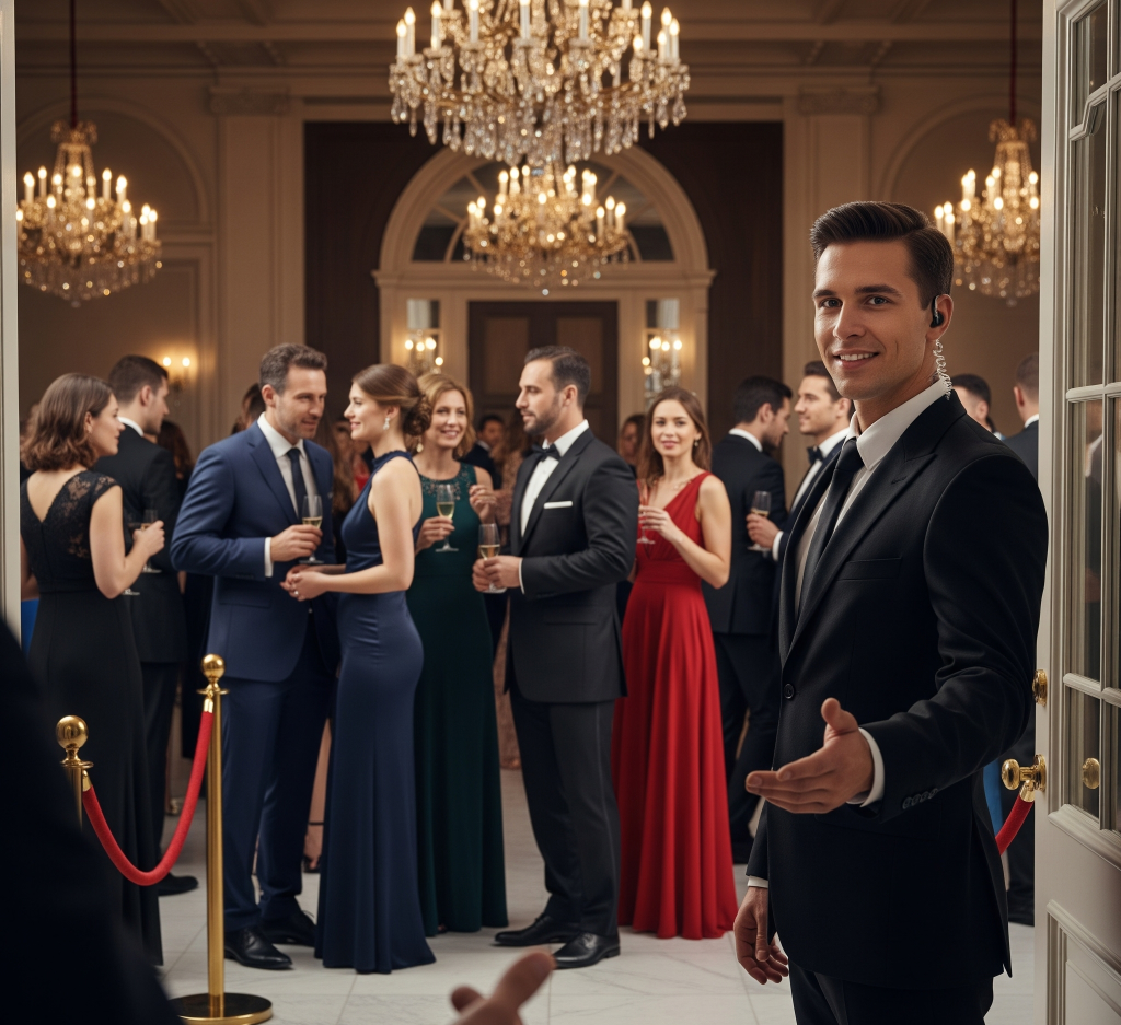 An exclusive event access grants you entry to a venue where a well-dressed guard politely welcomes you, and guests in the background smile and mingle.