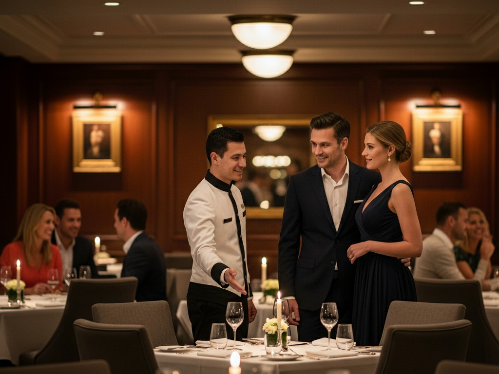A beautifully dressed couple is greeted by a smiling waiter in a warmly lit fine dining restaurant, with other couples enjoying their meals in the background, conveying a sense of curated service and effortless indulgence.
