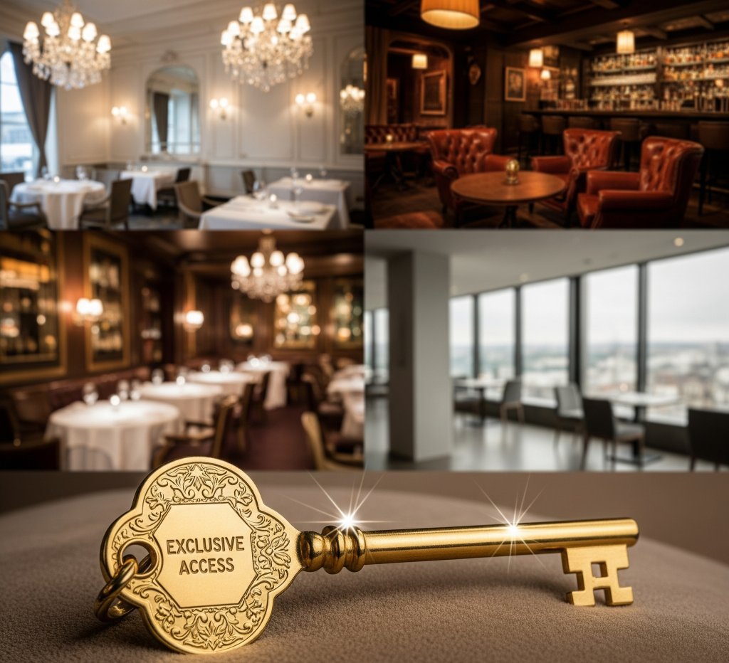 An elegant golden key with the words "exclusive access" engraved on it rests on a cushioned surface, surrounded by a collage of images showing the interiors of different luxury restaurants.