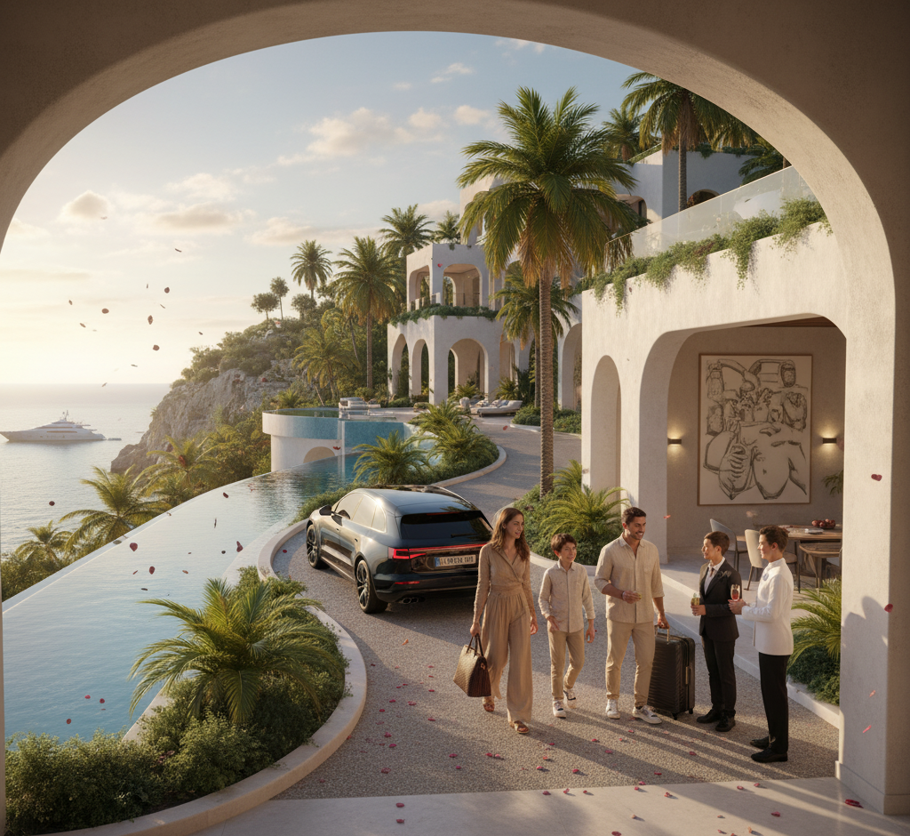 A well-dressed family is greeted by staff upon their arrival at a magnificent private villa, perched on a cliffside overlooking a serene ocean at sunset. The luxurious property features elegant architecture, lush palm trees, infinity pools, and a yacht visible in the distance, with rose petals scattered on the driveway, enhancing the sense of a grand holiday.