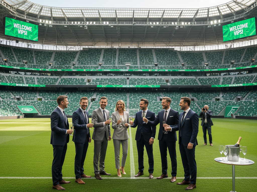 A group of well-dressed VIPs, including several men in suits and a woman in a grey suit, stand on the lush green pitch of a vast, empty soccer stadium under clear daylight, raising champagne glasses in a toast. Two large screens display "WELCOME VIPS!" and a photographer is visible in the background, perfectly illustrating an exclusive "Immersive Access Before Kickoff" football hospitality experience.