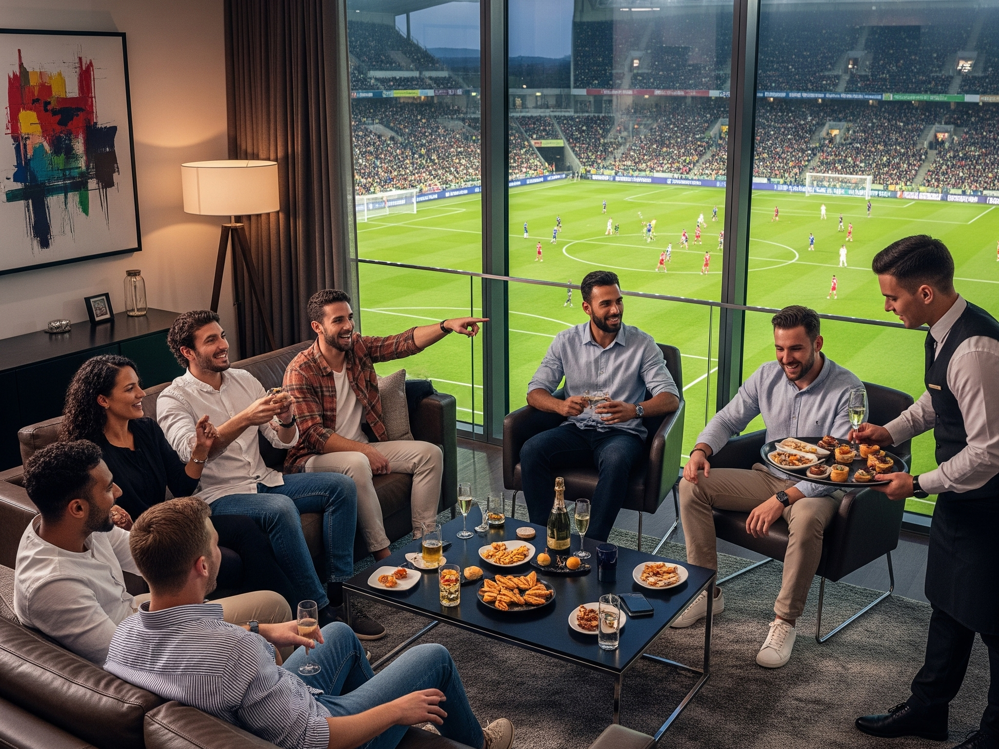 A group of friends enjoys football hospitality in a luxurious private suite, featuring panoramic views of the stadium and attentive service from a waiter offering food and drinks.
