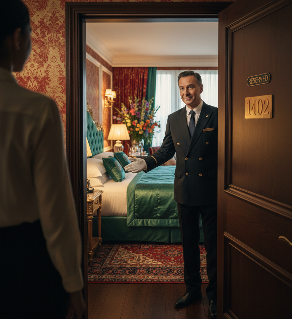 A friendly porter in a sharp uniform stands in the doorway of a premium reserved room, gesturing a welcoming invitation to a guest. The luxury hotel room behind him is opulent and vibrant, featuring a richly decorated bed with green and gold accents, intricate wallpaper, plush carpeting, and a bouquet of fresh flowers, creating an inviting and upscale atmosphere