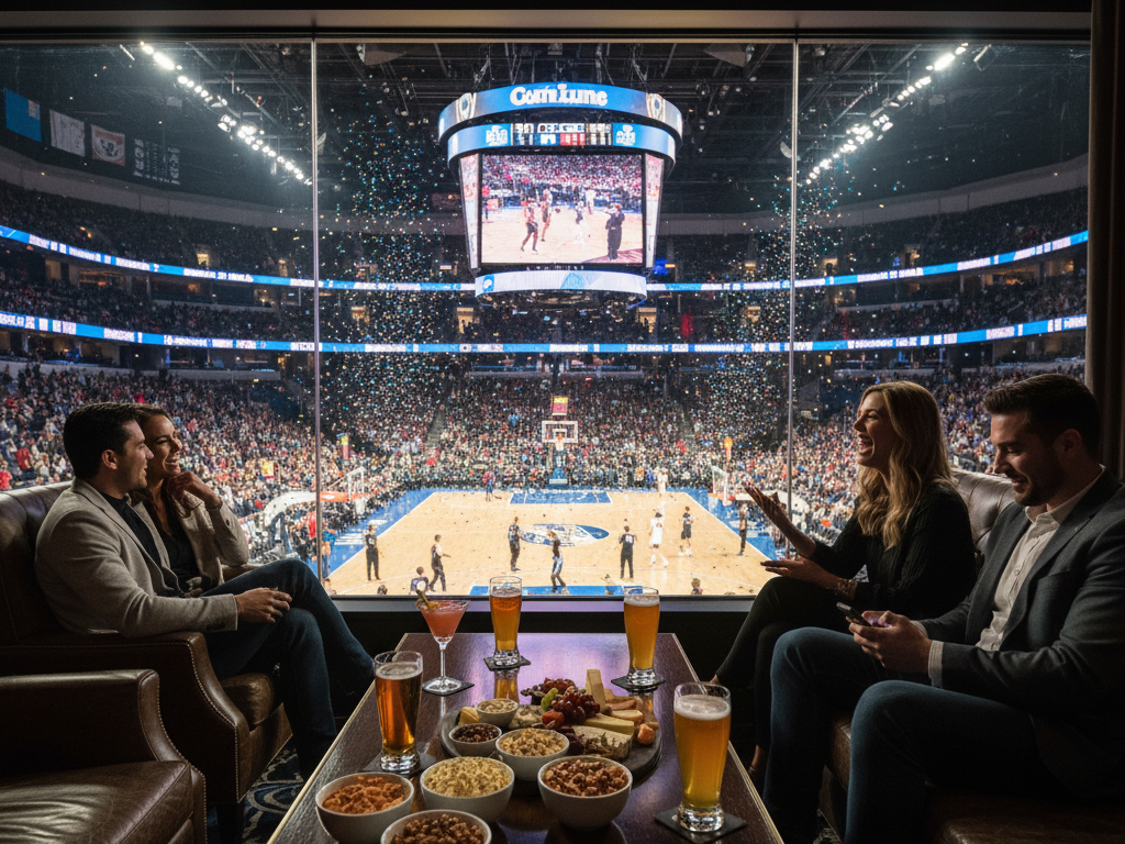 A group of friends is comfortably seated in a luxurious premium lounge, enjoying an exciting basketball match visible through a large panoramic window overlooking the vibrant arena, offering exclusive event access. They are conversing and laughing, with a table laden with drinks and snacks in front of them, while confetti rains down on the court below.
