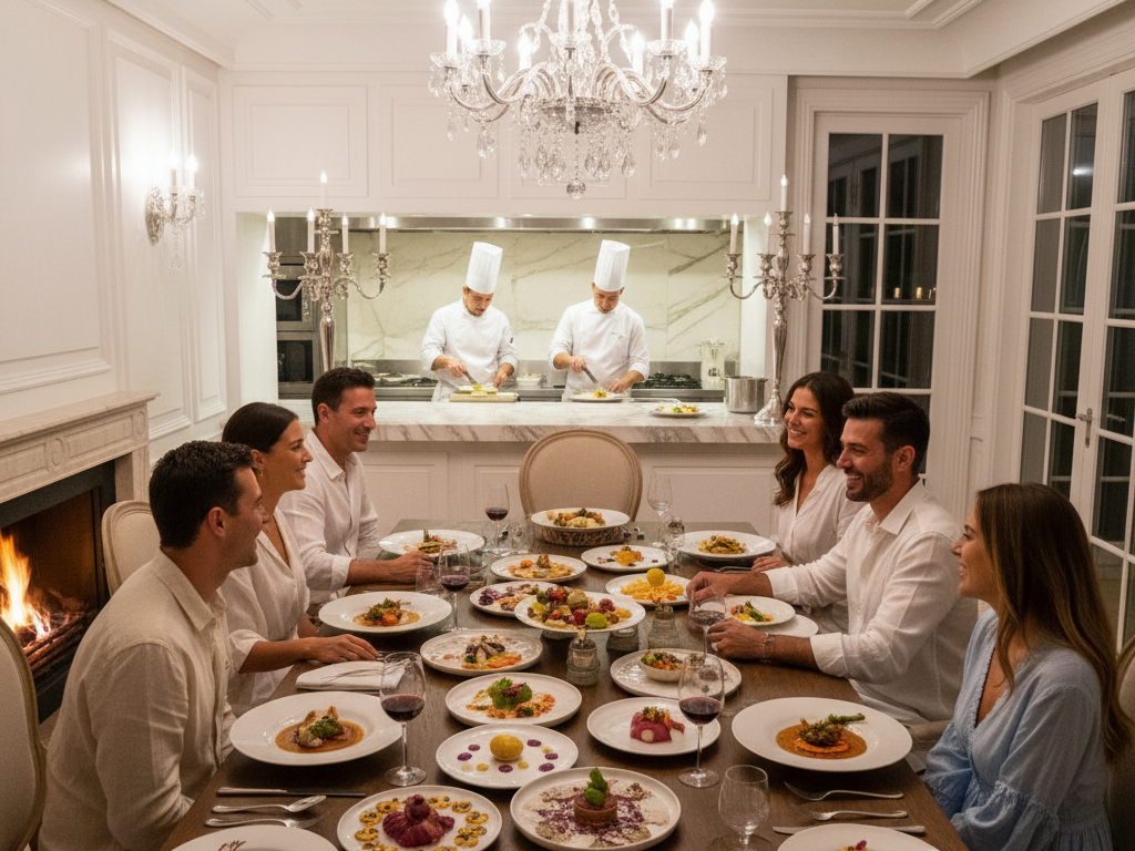 A family in a private villa enjoys a brightly lit, cozy dining room, feasting on bespoke dishes prepared by private chefs. The table is filled with food, and the ambiance is luxurious yet relaxed.