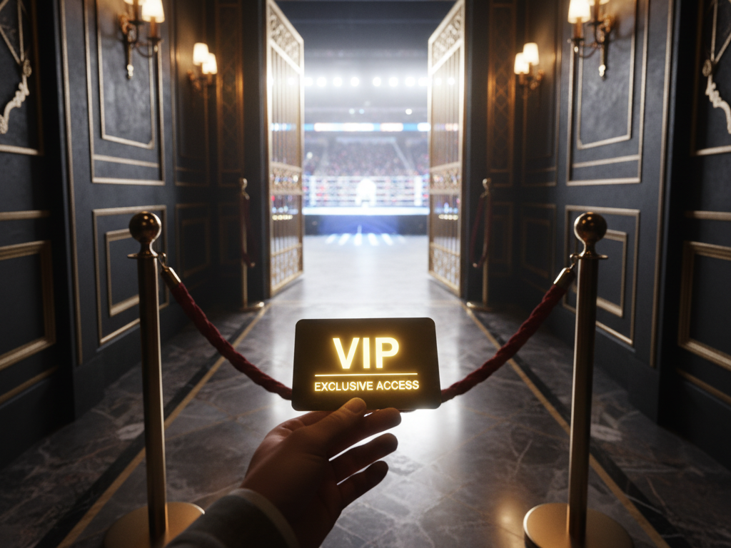 A first-person perspective shows a hand reaching for a glowing "VIP EXCLUSIVE ACCESS" pass, held in front of a roped-off private pathway. This opulent hallway, with dark wood paneling and elegant sconces, leads to a brightly lit boxing arena visible through open golden gates, epitomizing a luxury boxing hospitality experience or a premium boxing ticket holder's journey.