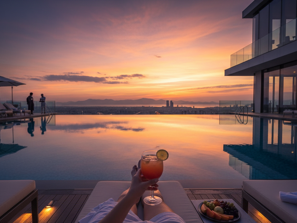 A person is relaxing on a lounge chair beside an infinity pool at a luxury hotel, holding a refreshing cocktail and enjoying a breathtaking sunset over a city skyline. A plate of fresh fruit is on a small table beside them, complementing the tranquil and opulent atmosphere.