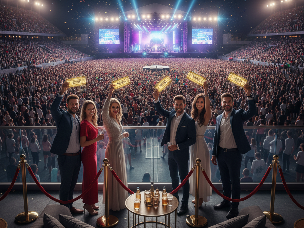 A group of six elegantly dressed people, looking joyful, stand in a roped-off premium viewing area overlooking a massive, crowded concert stadium, holding up golden "concert ticket" passes, with the brightly lit stage and thousands of fans visible in the background, signifying an exclusive and elevated experience.