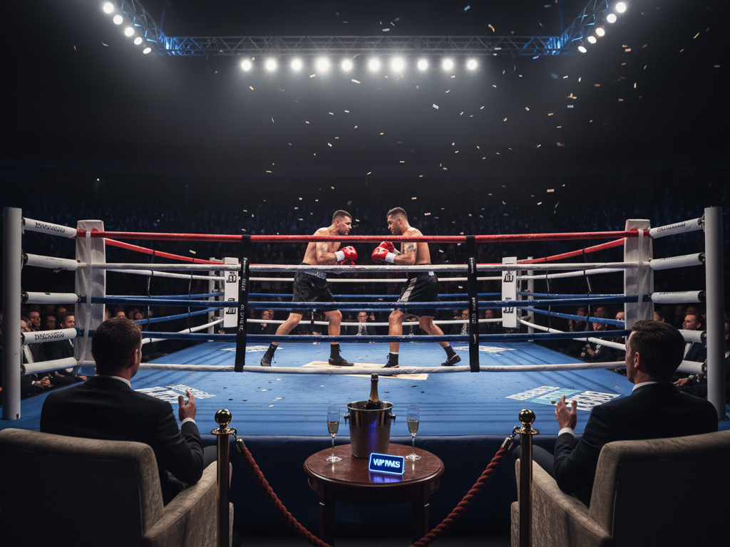 A thrilling ringside view of a boxing match, seen from an exclusive, roped-off zone. Two boxers are actively engaged in the ring under bright stadium lights and falling confetti, while two well-dressed individuals sit in comfortable armchairs, a chilled bottle of champagne on a table with a glowing "VIP PASS" sign between them, emphasizing the premium experience of a high-end boxing ticket.