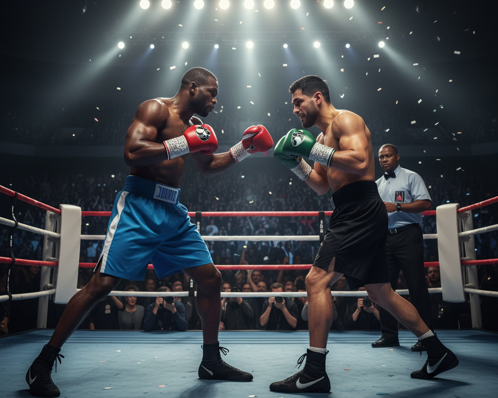 Two powerful boxers in red and green gloves square off intensely in the center of a boxing ring, with a referee standing behind them and a vast, cheering crowd visible under bright spotlights and falling confetti, conveying the electric atmosphere of a high-stakes match, potentially viewed as part of a luxury boxing hospitality experience.