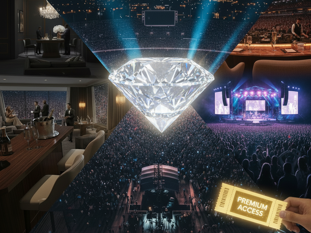 A composite image showcasing various luxury experiences at a concert, centered around a sparkling diamond. Panels include a lavish private lounge, a panoramic view from a VIP suite, an immersive view of the stage from premium seating, and a hand holding a "Premium Access" concert ticket, all highlighting exclusive entertainment opportunities.