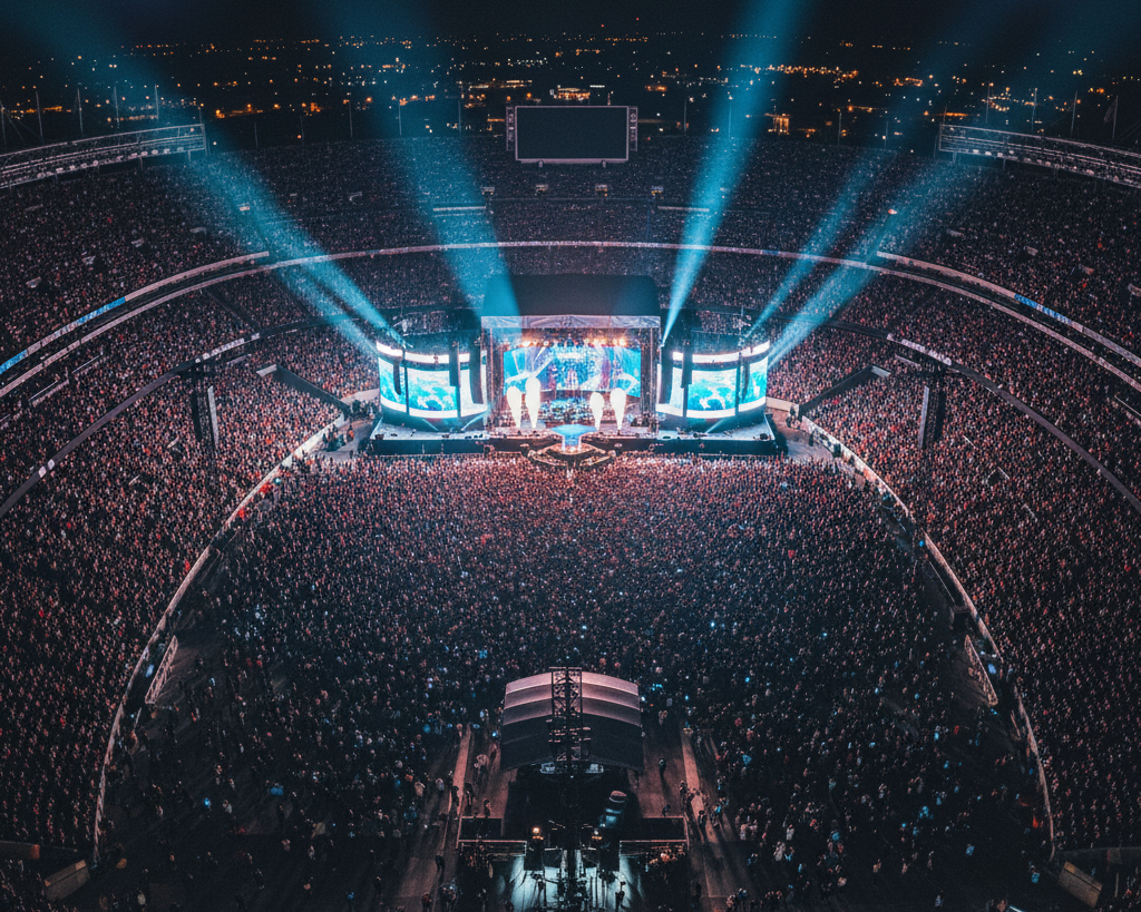 An epic aerial drone view of a massive, exclusive concert in a grand stadium, packed with thousands of cheering fans, with a brightly lit stage at the center casting powerful beams of light, emphasizing the exhilarating experience that a concert ticket provides.