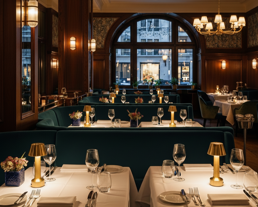 A premium restaurant interior featuring elegant fine dining tables, cozy lighting, and a luxurious ambiance, perfectly set for an evening meal.