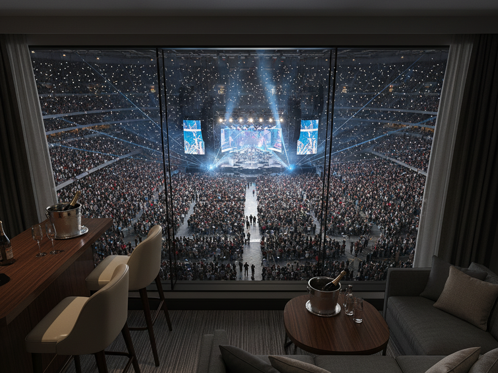 A stunning, elevated panoramic view from a luxurious private suite at a massive, sold-out concert, overlooking thousands of cheering fans and a brightly lit stage with performers, offering an exclusive experience far beyond a standard concert ticket, complete with elegant bar seating and champagne on ice.